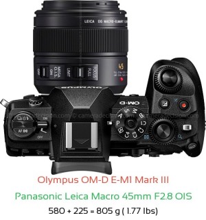 Olympus E-M1 III with Panasonic Leica Macro 45mm F2.8 OIS Lens Size