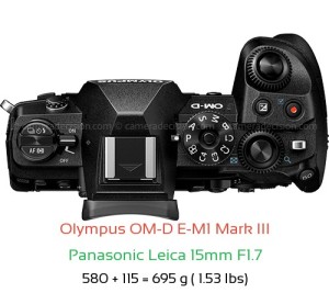 Olympus E-M1 III with Panasonic Leica 15mm F1.7 Lens Size