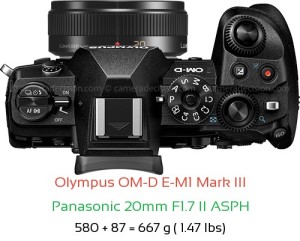 Olympus E-M1 III with Panasonic 20mm F1.7 II ASPH Lens Size