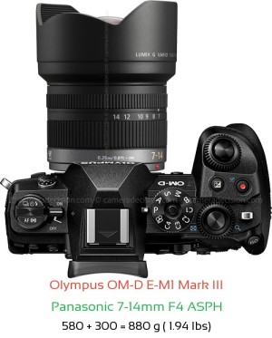 Olympus E-M1 III with Panasonic 7-14mm F4 ASPH Lens Size