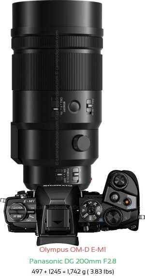 Olympus E-M1 with Panasonic DG 200mm F2.8 Lens Size