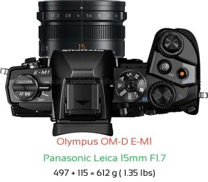 Olympus E-M1 with Panasonic Leica 15mm F1.7 Lens Size