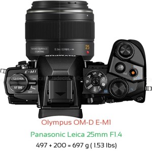 Olympus E-M1 with Panasonic Leica 25mm F1.4 Lens Size