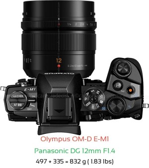 Olympus E-M1 with Panasonic DG 12mm F1.4 Lens Size
