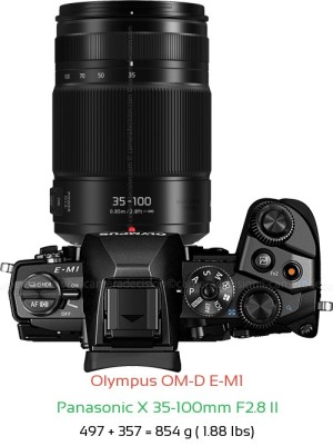 Olympus E-M1 with Panasonic X 35-100mm F2.8 II Lens Size