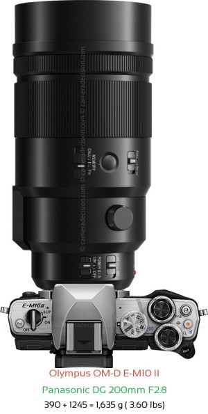 Olympus E-M10 II with Panasonic DG 200mm F2.8 Lens Size