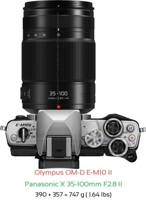 Olympus E-M10 II with Panasonic X 35-100mm F2.8 II Lens Size
