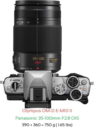 Olympus E-M10 II with Panasonic 35-100mm F2.8 OIS Lens Size