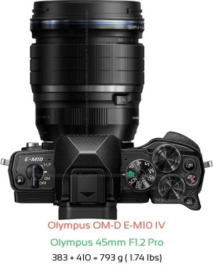 Olympus E-M10 IV with Olympus 45mm F1.2 Pro Lens Size