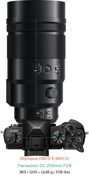 Olympus E-M10 IV with Panasonic DG 200mm F2.8 Lens Size