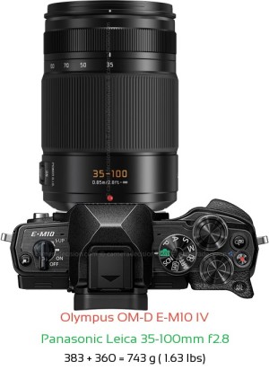Olympus E-M10 IV with Panasonic Leica 35-100mm f2.8 Lens Size