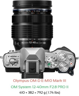 Olympus E-M10 III with OM System 12-40mm F2.8 PRO II Lens Size