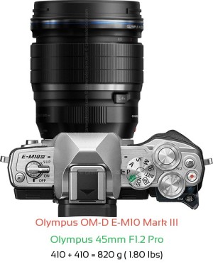 Olympus E-M10 III with Olympus 45mm F1.2 Pro Lens Size