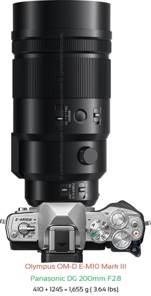 Olympus E-M10 III with Panasonic DG 200mm F2.8 Lens Size