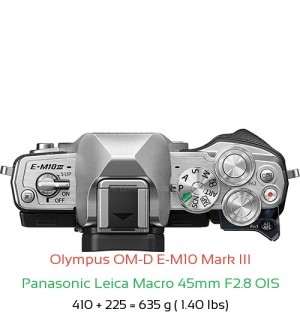Olympus E-M10 III with Panasonic Leica Macro 45mm F2.8 OIS Lens Size