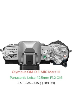 Olympus E-M10 III with Panasonic Leica 42.5mm F1.2 OIS Lens Size