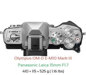 Olympus E-M10 III with Panasonic Leica 15mm F1.7 Lens Size