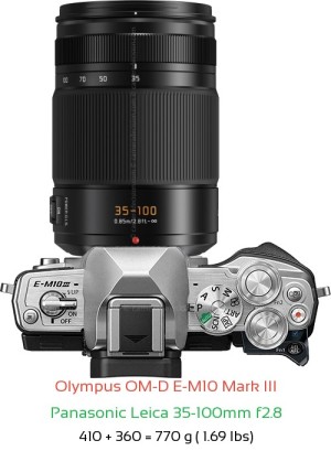 Olympus E-M10 III with Panasonic Leica 35-100mm f2.8 Lens Size