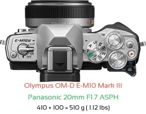 Olympus E-M10 III with Panasonic 20mm F1.7 ASPH Lens Size