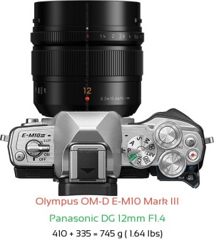 Olympus E-M10 III with Panasonic DG 12mm F1.4 Lens Size