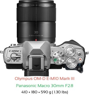 Olympus E-M10 III with Panasonic Macro 30mm F2.8 Lens Size