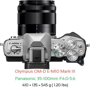 Olympus E-M10 III with Panasonic 35-100mm F4.0-5.6 Lens Size