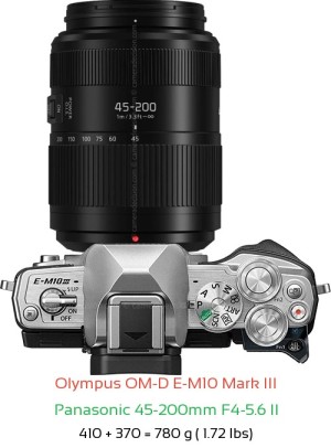 Olympus E-M10 III with Panasonic 45-200mm F4-5.6 II Lens Size