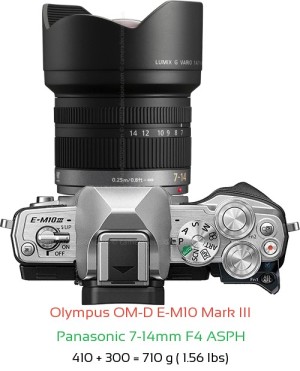 Olympus E-M10 III with Panasonic 7-14mm F4 ASPH Lens Size