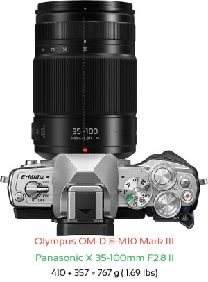 Olympus E-M10 III with Panasonic X 35-100mm F2.8 II Lens Size