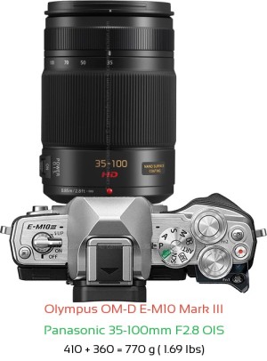 Olympus E-M10 III with Panasonic 35-100mm F2.8 OIS Lens Size