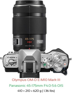 Olympus E-M10 III with Panasonic 45-175mm F4.0-5.6 OIS Lens Size
