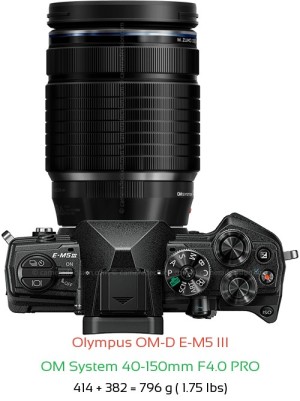 Olympus E-M5 III with OM System 40-150mm F4.0 PRO Lens Size