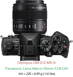 Olympus E-M5 III with Panasonic Leica Macro 45mm F2.8 OIS Lens Size