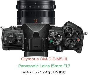 Olympus E-M5 III with Panasonic Leica 15mm F1.7 Lens Size