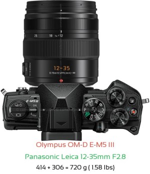 Olympus E-M5 III with Panasonic Leica 12-35mm F2.8 Lens Size