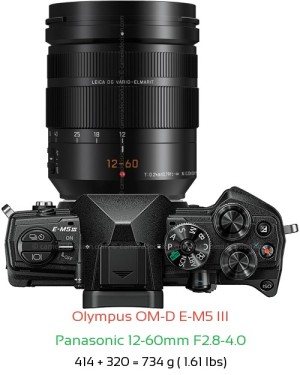 Olympus E-M5 III with Panasonic 12-60mm F2.8-4.0 Lens Size