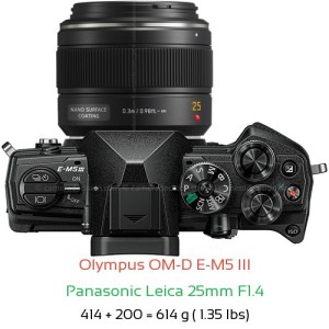Olympus E-M5 III with Panasonic Leica 25mm F1.4 Lens Size