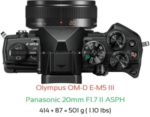 Olympus E-M5 III with Panasonic 20mm F1.7 II ASPH Lens Size