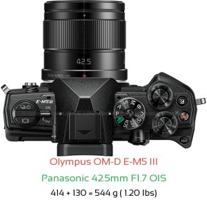 Olympus E-M5 III with Panasonic 42.5mm F1.7 OIS Lens Size