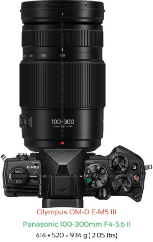 Olympus E-M5 III with Panasonic 100-300mm F4-5.6 II Lens Size