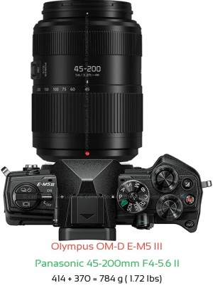 Olympus E-M5 III with Panasonic 45-200mm F4-5.6 II Lens Size