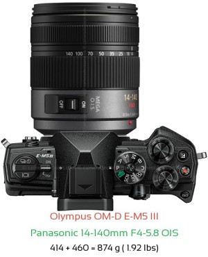 Olympus E-M5 III with Panasonic 14-140mm F4-5.8 OIS Lens Size