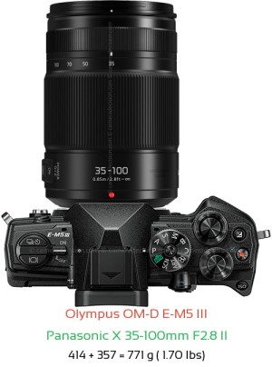 Olympus E-M5 III with Panasonic X 35-100mm F2.8 II Lens Size