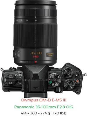 Olympus E-M5 III with Panasonic 35-100mm F2.8 OIS Lens Size