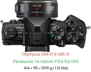 Olympus E-M5 III with Panasonic 14-42mm F3.5-5.6 OIS Lens Size