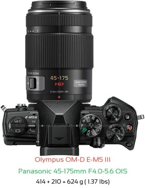 Olympus E-M5 III with Panasonic 45-175mm F4.0-5.6 OIS Lens Size