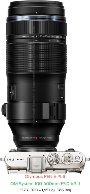 Olympus E-PL8 with OM System 100-400mm F5.0-6.3 II Lens Size