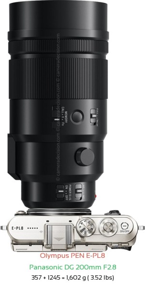 Olympus E-PL8 with Panasonic DG 200mm F2.8 Lens Size