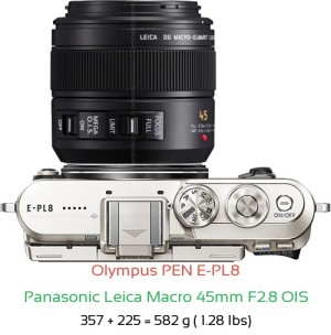 Olympus E-PL8 with Panasonic Leica Macro 45mm F2.8 OIS Lens Size