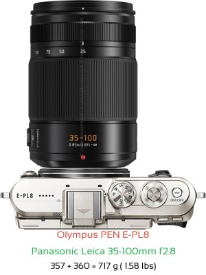 Olympus E-PL8 with Panasonic Leica 35-100mm f2.8 Lens Size